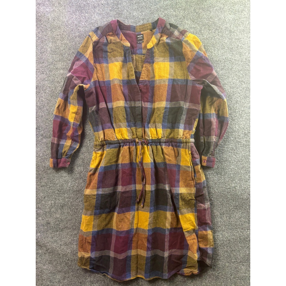 Prana Flannel Shirt Dress Womens Medium Multi-Color Plaid Long Sleeve Pockets